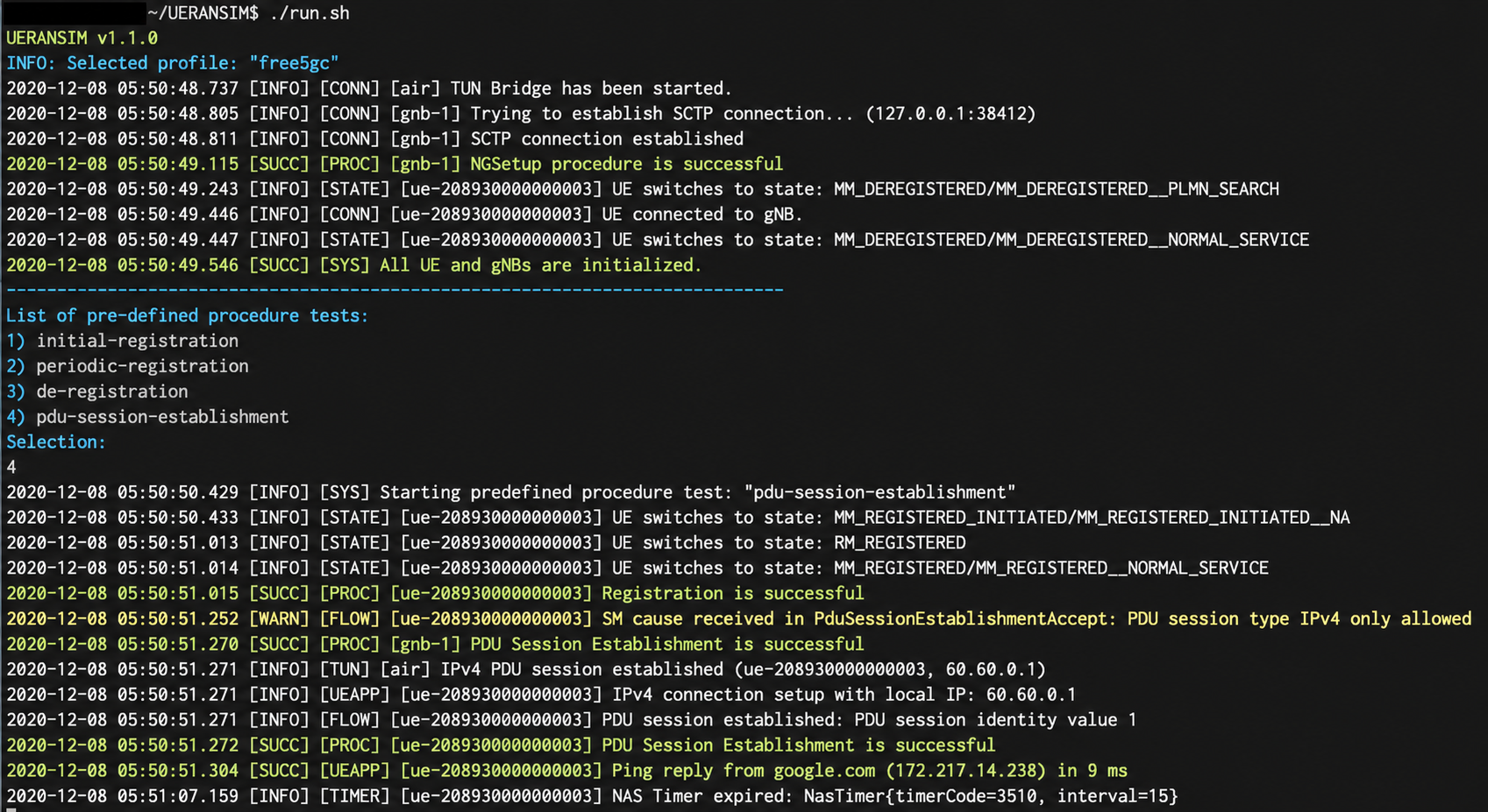 UERANSIM registration and PDU session logs; terminal hostname masked