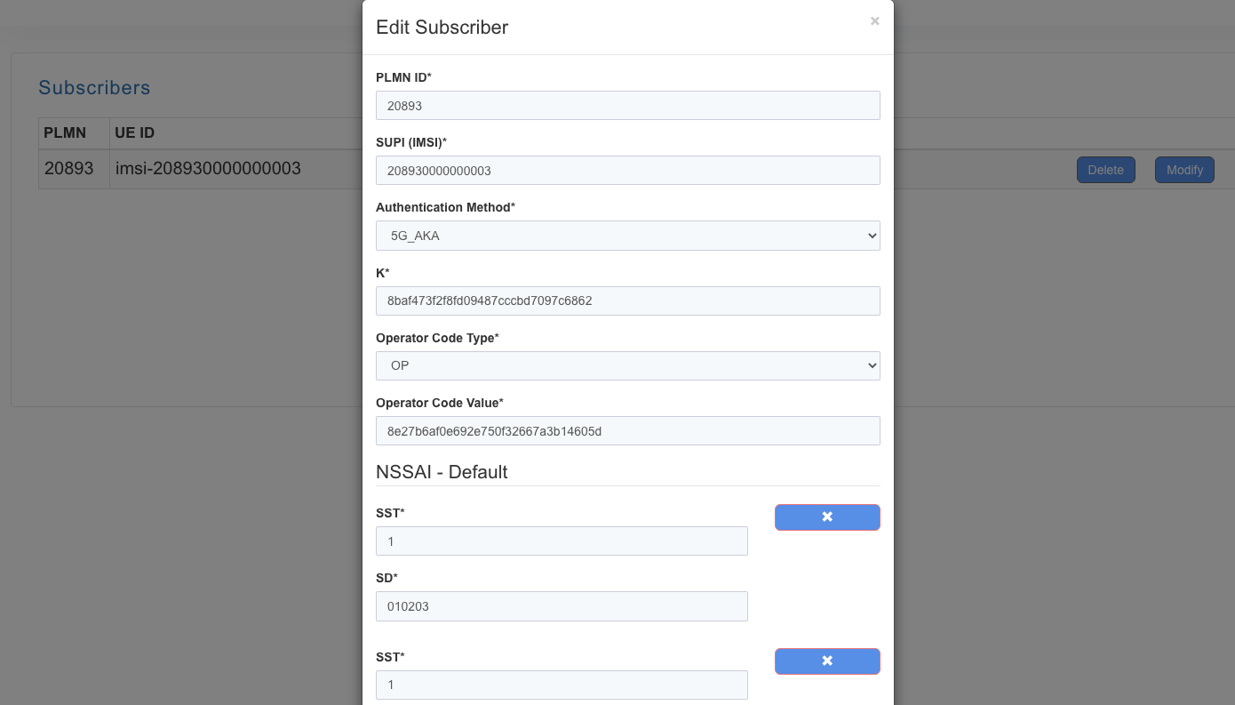free5GC subscriber configuration for the local test network